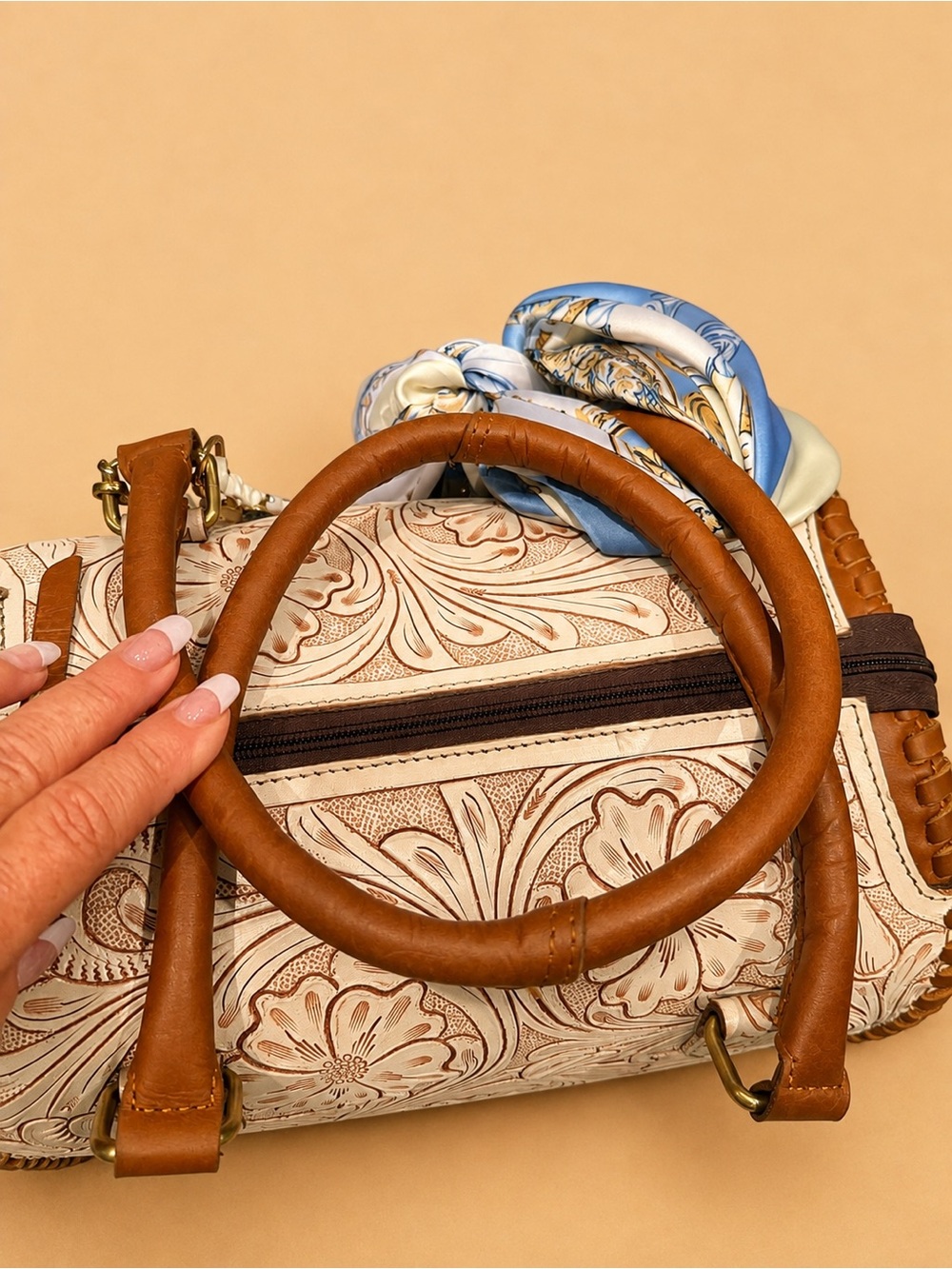 Leather-Trim Floral Embossed Barrel Bag in Tan